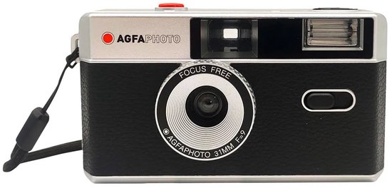 Zwarte en zilverkleurige AgfaPhoto camera met polsband.