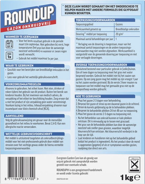 ROUNDUP® Gazon Onkruidvrij 1kg - 2 Stuks Voor 100 m2 - Bestrijdt blad en wortel en spaart het gazon - Werkt tegen o.a. botterbloem, madeliefjes, klaver en paardenbloem - Garden Select van Merkloos	 — afbeelding 2
