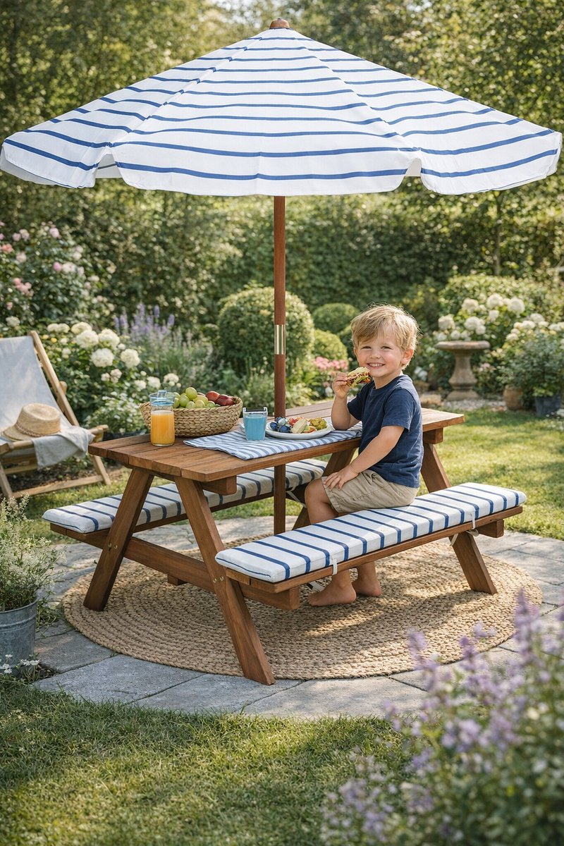 Relaxwonen - Kinder picknicktafel met parasol – hout – inclusief kussens thumbnail 4