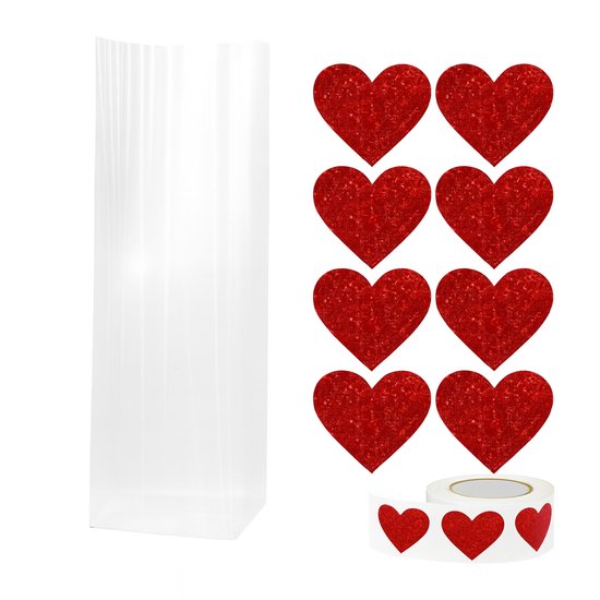 25x Uitdeelzakjes met Hartjes | Blokbodem | 60 x 50 x 200 mm | Traktatiezakjes | Kinderfeestje | Cellofaanzakjes | Cadeauzakjes | Snoepzakjes | Plastic Zakjes | Uitdeelzakjes kinderen | Cadeauzakjes Kinderen | Verpakkingszakjes Uitdeelcadeaus |