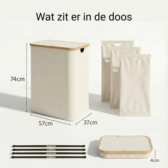 Alles & Co. XXL Wasmand 141 Liter - 3 Vakken Wassorteerder - Met Uitneembare Waszakken - Bamboe & Beige