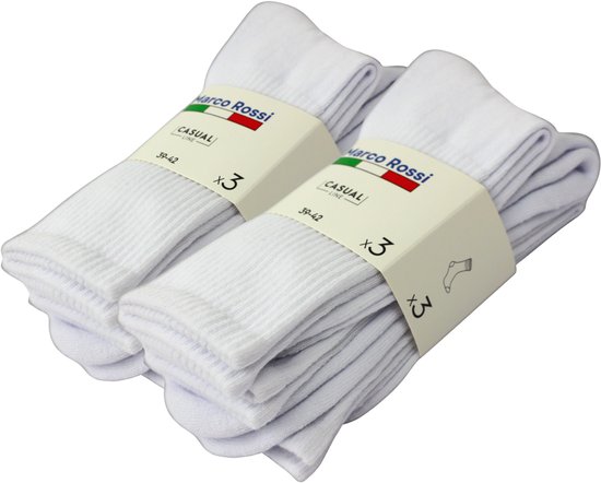 Deux paquets de trois chaussettes décontractées Marco Rossi blanches, avec des bandes.