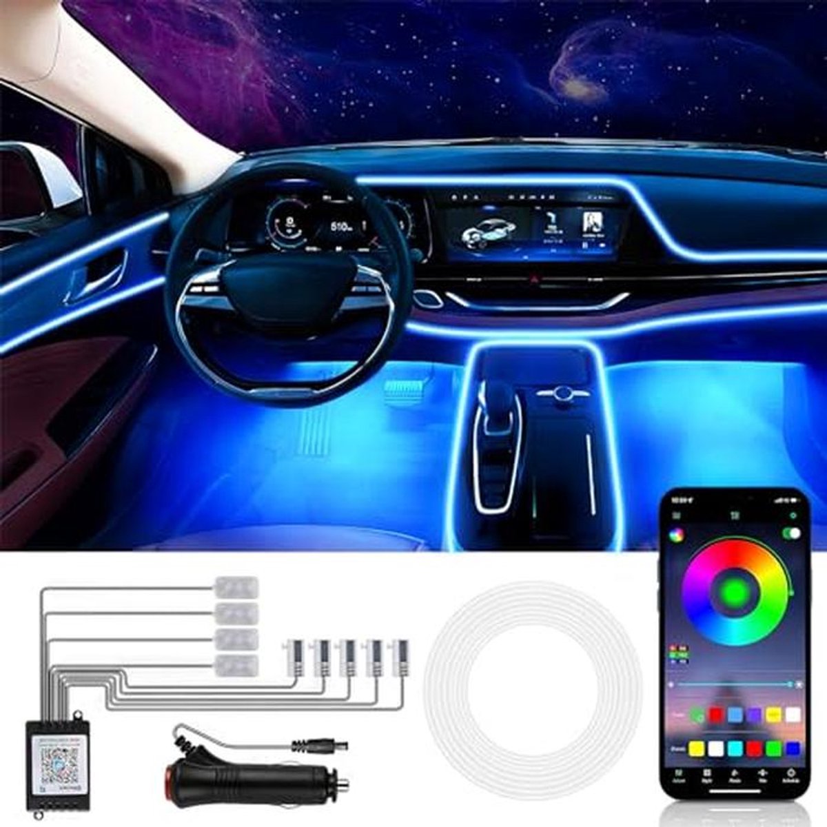 Kleurrijke LED Binnenverlichting voor Auto met App Besturing en Afstandsbediening