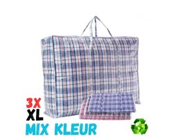 Opbergtas | 3 Stuks - XL - Mix kleuren - Big shopper | Reistas extra groot | Grote boodschappentas | Zak geruit | Mega tas | Wastas | Boodschappentas met rits - Turkentas