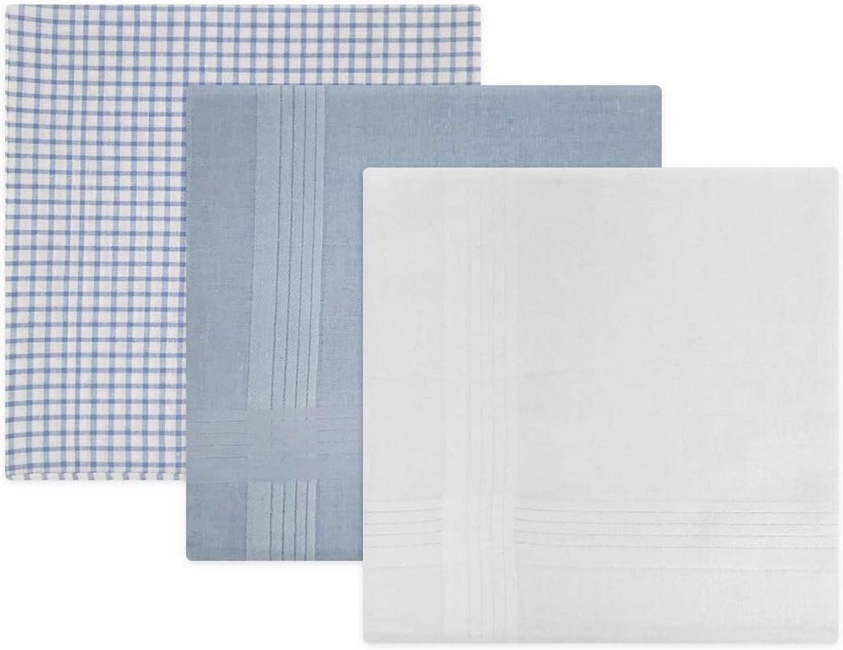 Set van 3 geruite en geverfde zakdoeken in blauw en wit met satijnen randen - 100% katoen, 40 x 40 cm