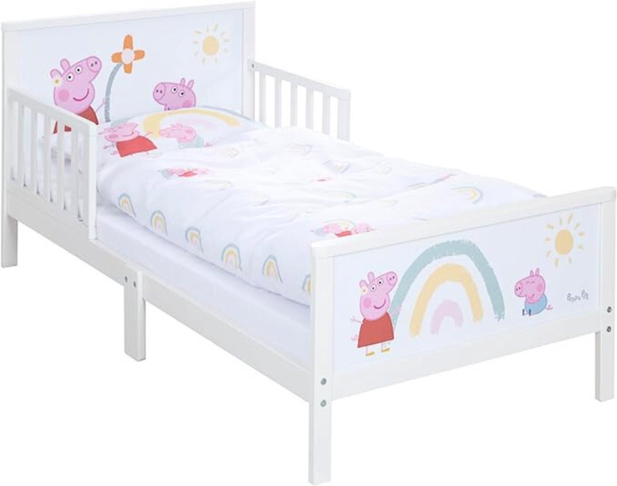 BOG Peppa Pig Kinderbed 70×140 cm – Compleet Met Beddengoed En Lattenbodem – Houten Peuterbed – Cartoon Motief – Wit/Roze