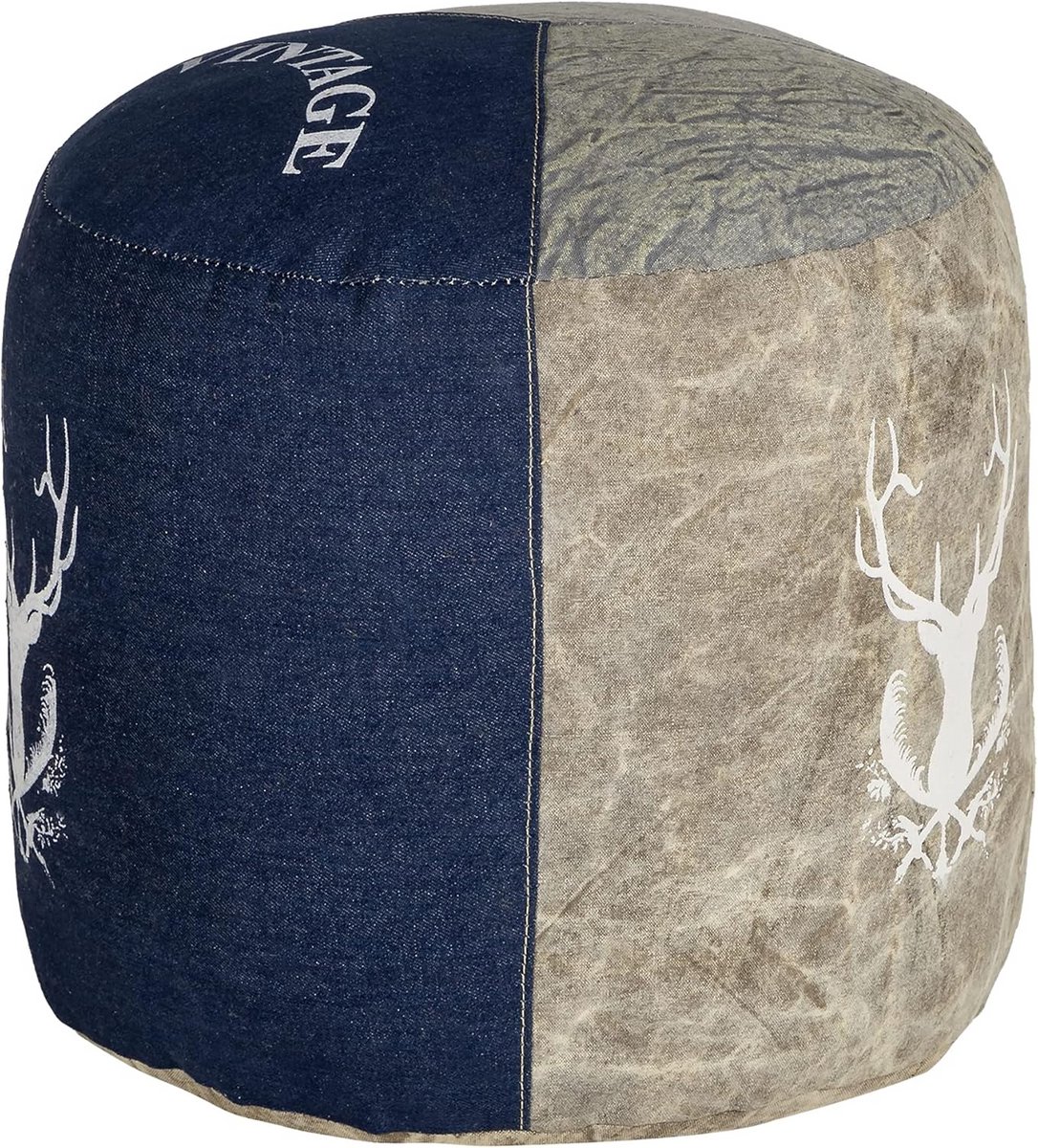 Ronde zitpoef natuur/blauw Ø35x43cm - Handgemaakt zitkussen voor woonkamer