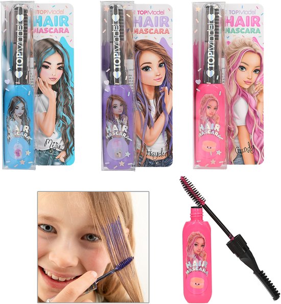 TOPModel haar mascara in blauw, paars en roze met bijpassende poppetjes op de verpakking. Een meisje brengt blauwe mascara aan op haar haar.