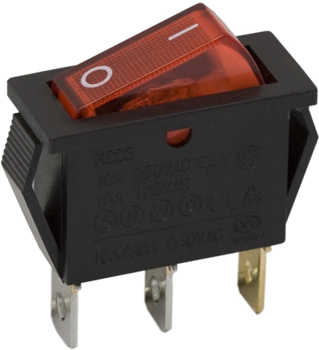 5x Verlichte Wipschakelaar SPST ON-OFF - Rocker Switch 250VAC 16A (20A) - Inbouw Schakelaar Met Rode LED Indicatie - Zwarte Behuizing Voor Bedieningspanelen - Aansluitingen 6x9mm - Inbouwopening 28x10,5mm - Verkoopeenheid 5 Stuks [09050PI]
