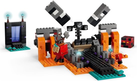 Set LEGO Minecraft Wither Battle avec Wither, squelettes, portail et blocs de construction orange et gris.