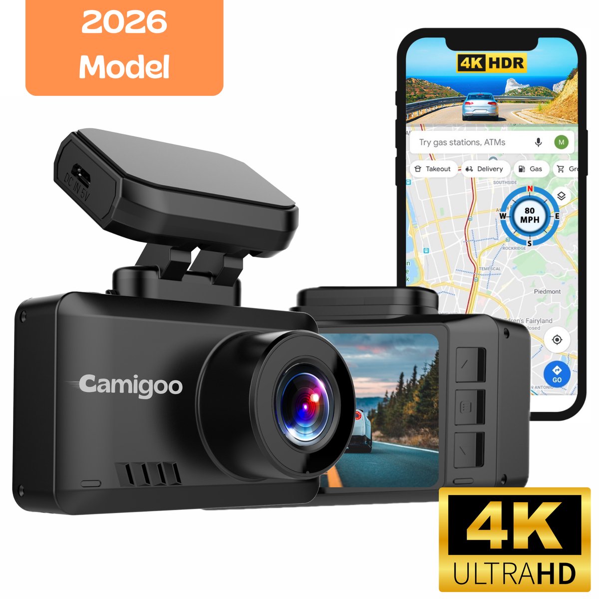 Camigoo® T8 Pro - Dashcam - Dashcam Voor Auto - Ultra 4K - Voorcamera - WiFi & GPS - SONY Sensor Nachtzicht - G Sensor - Loop Opname - Parkeermonitor - Bewegingsdetectie - Magnetische aansluiting - 64GB micro SD Kaart U3 - NL Handleiding+Systeem