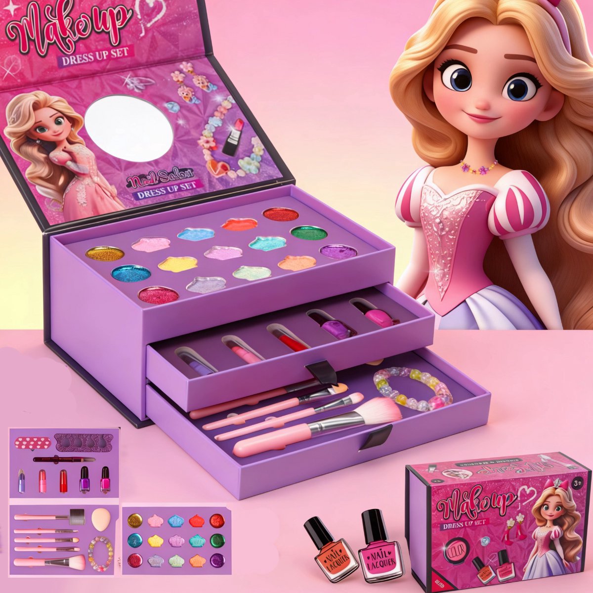 Suntac Make-up Set voor Kinderen - 30-Delige Meisjes Make-up Koffer - 3 Niveaus - Wasbaar - Cadeautip voor Verjaardag & Feestjes