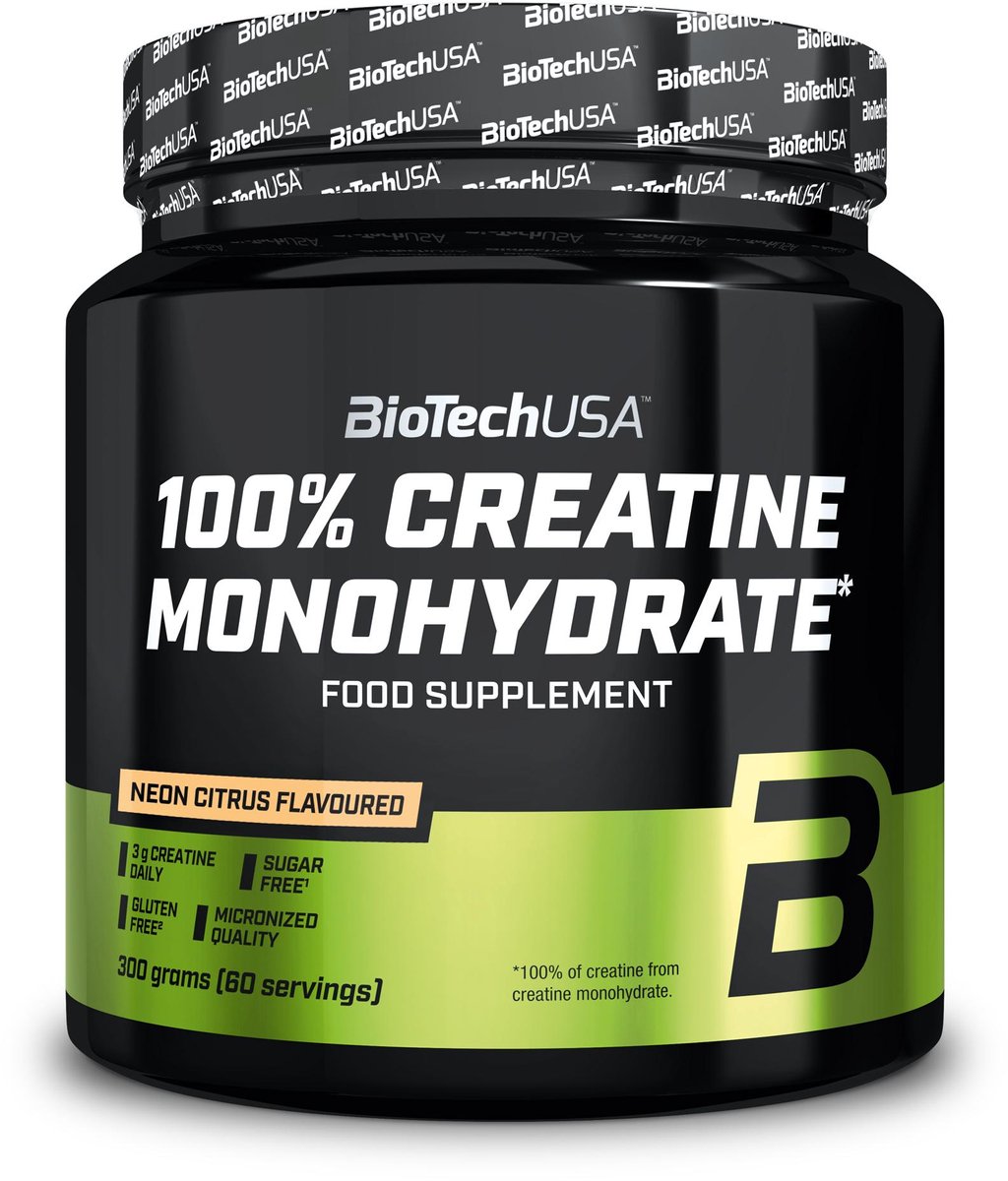 BioTechUSA 100% Creatine Monohydrate | Creatine van farmaceutische kwaliteit | Gemicroniseerd | Veganistisch | Glutenvrij, 300 g, Neon citrus