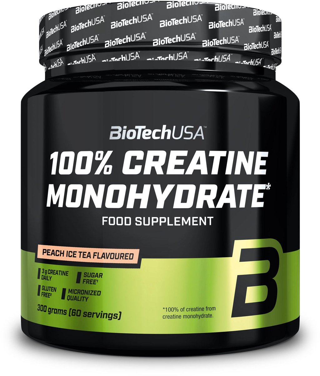 BioTechUSA 100% Creatine Monohydrate | Creatine van farmaceutische kwaliteit | Gemicroniseerd | Veganistisch | Glutenvrij, 300 g, Perzik-ijsthee