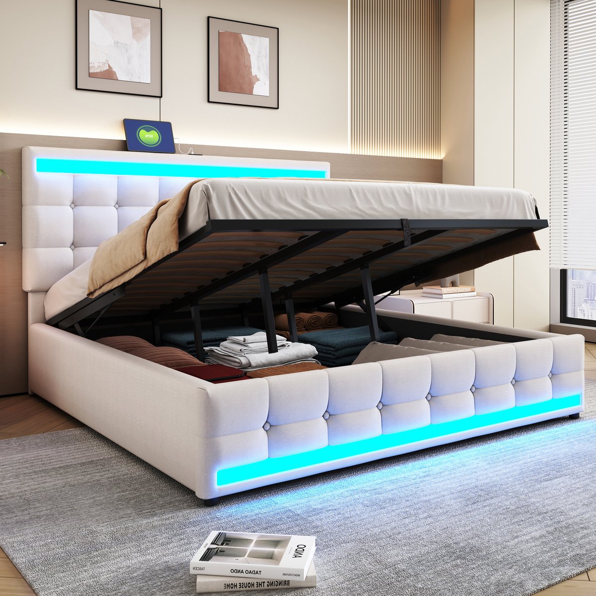 STILVORA Gestoffeerd Bed 180x200 cm – Met RGB LED & USB-Poorten – Hydraulische Opbergruimte, Verstelbaar Hoofdeinde – Linnen Stof – Beige – Zonder Matras