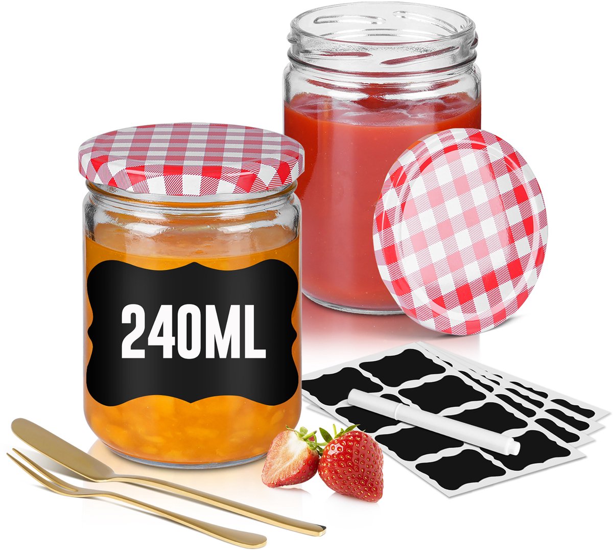 Aufun 12-delig Marmelade Potten Set - 240ml Rood-Wit Geruit - Met Schroefdeksels - Incl. Labels & Pen Voor Huisgemaakte Jam & Cadeaus