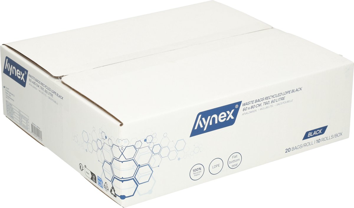 Hynex Vuilniszak 60 liter - 200 stuks - Afvalzakken - Vuilzakken - Pedaalemmerzakken - Gerecycled LDPE - 60 x 80 cm - 10 rollen x 20 stuks - Zwart