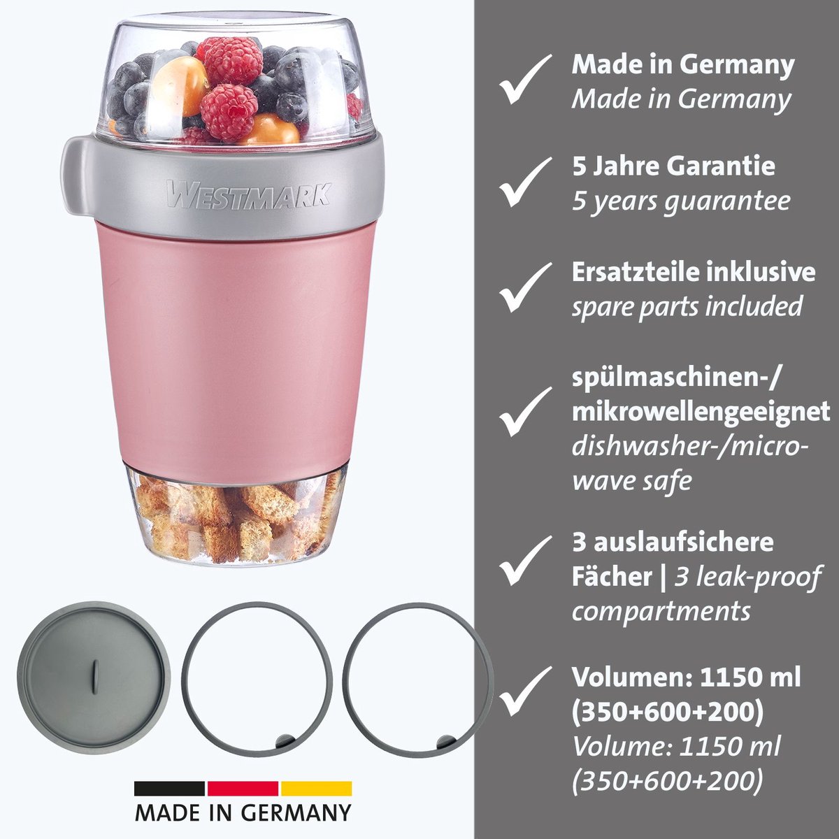 Westmark Lunchpot, groot, met 3 lekvrije compartimenten: 350 ml + 600 ml + 200 ml, inclusief 2 afdichtringen + 1 reservedeksel, plastic, van nature BPA-vrij, roze/grijs/transparant, 528722EP