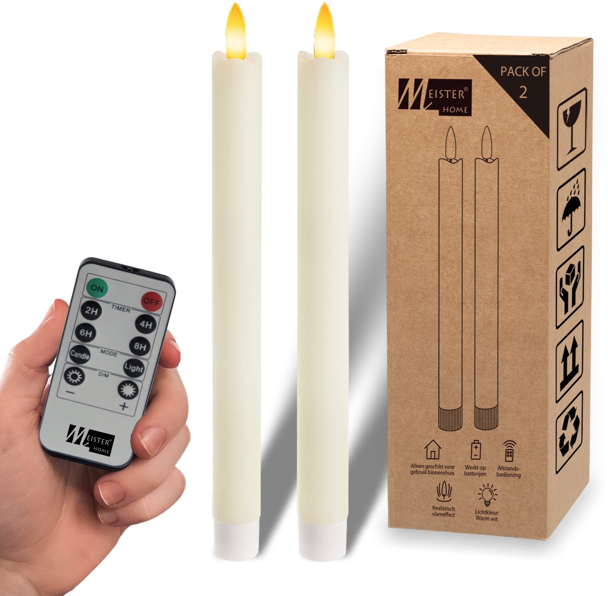 Meisterhome LED Dinerkaarsen Set van 2 – LED kaarsen – Rustiek Ivoor – 23 cm – Echt Wax – Met Afstandsbediening – Dimbaar – Timer 2/4/6/8 uur