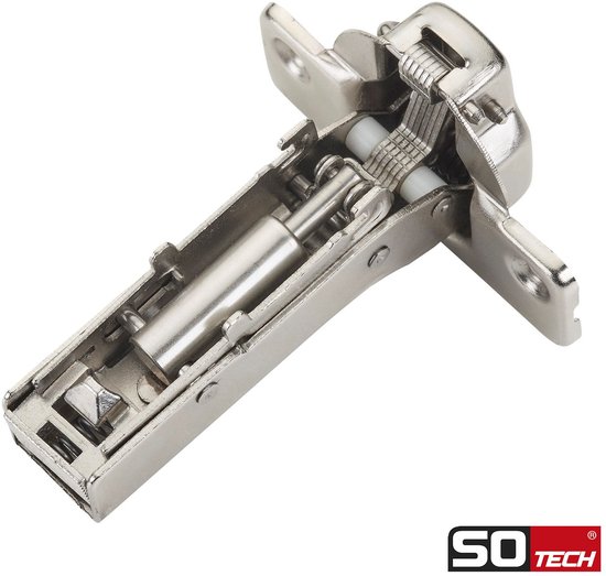 Een zilverkleurig Sotech kopscharnier met zichtbare interne mechaniek, op een witte achtergrond.