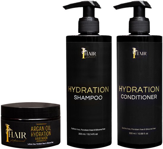 I Hair Professional Hydration Shampoo, Conditioner et Masque Capillaire dans des bouteilles noires avec des lettres blanches et dorées. Sulfate free, Paraben free & Silicone free.
