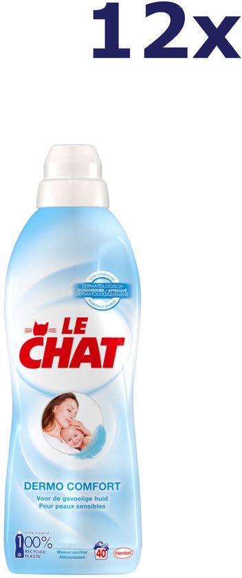 12x Le Chat Dermo Comfort adoucissant bouteille bleu clair avec lettres rouges "LE CHAT" et bouchon blanc. Texte "Pour peaux sensibles".