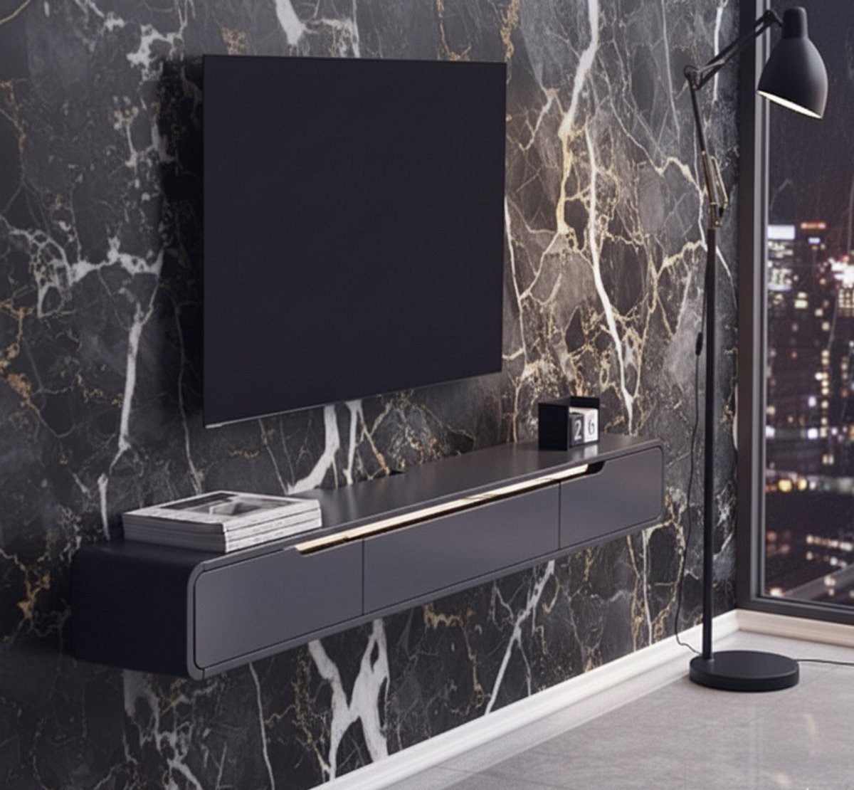 Zwevend TV Meubel Wandmontage 120 cm – Floating TV Kast met 2 Lades – Wandgemonteerde TV Console met Kabelmanagement – Zwart/Wit/Grijs – House&Garden