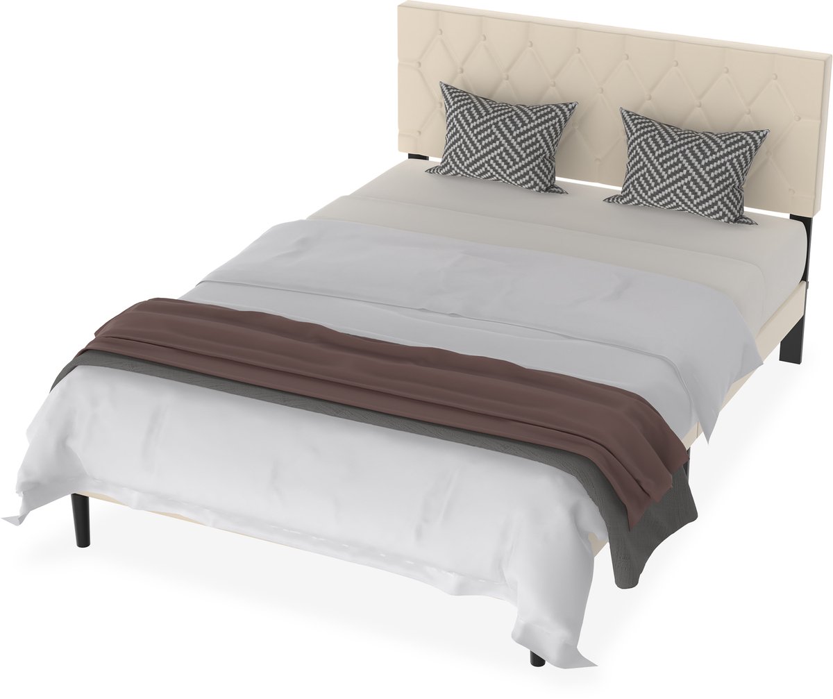 Aufun Modern Bedframe met Lederen Hoofdeinde – 140x200cm (Leder Beige) – Houten Lattenbodem | 300kg Max Draagvermogen – Voor Slaapkamer/Gastenkamer