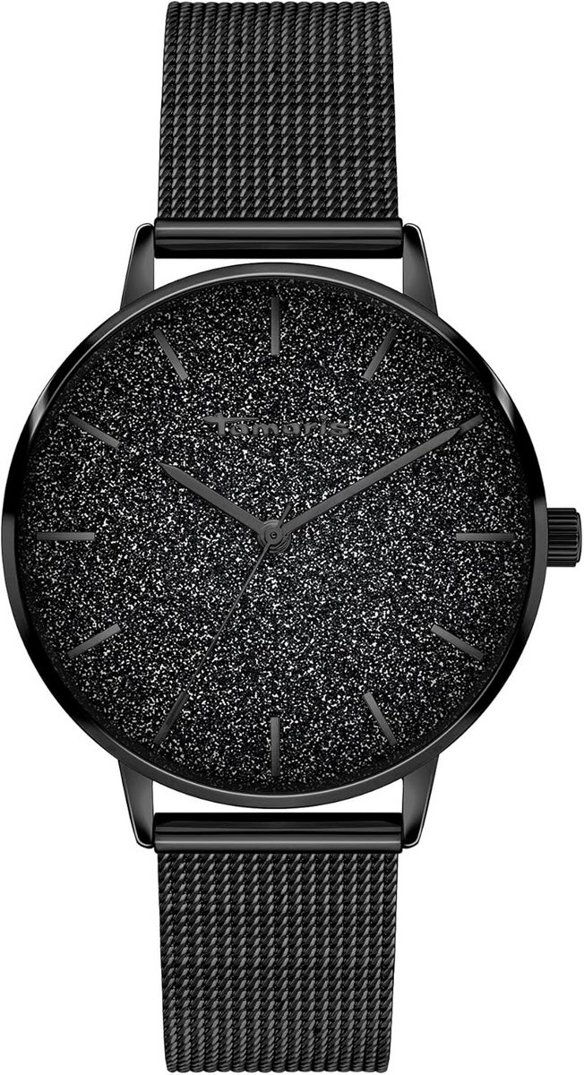 Dameshorloge rond zwart met glitterwijzerplaat en roestvrijstalen meshband