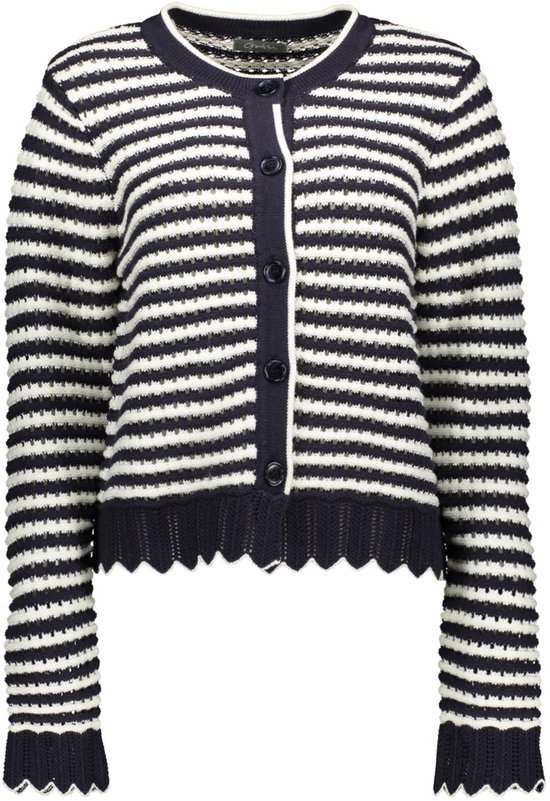 Gilet en tricot pour femme à rayures bleu marine et blanches, fermeture boutonnée et bordure festonnée blanche.