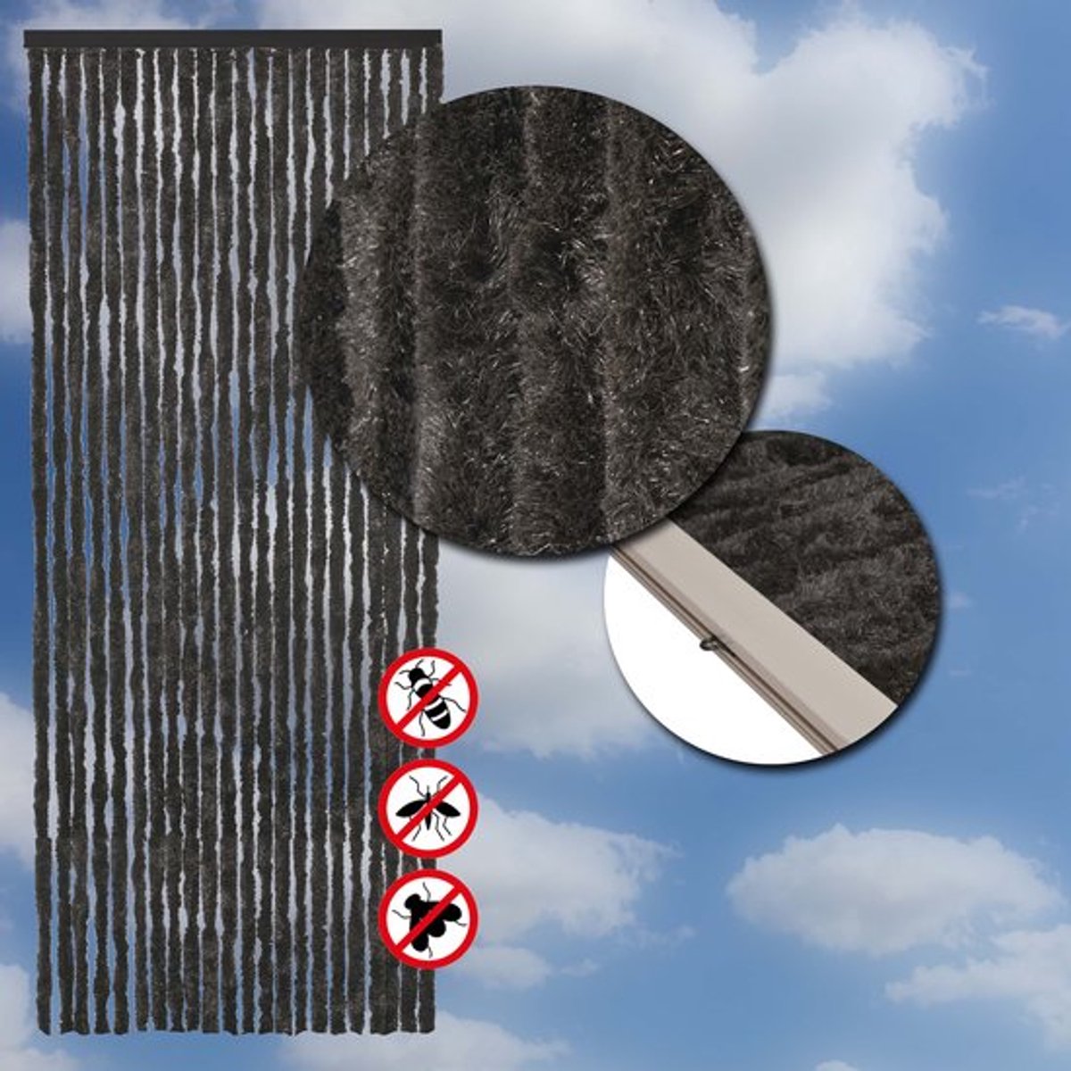 vliegengordijnenexpert - Vliegengordijn - Chenille - Deurgordijn - Kattenstaart Zwart - Afmeting 90x200cm