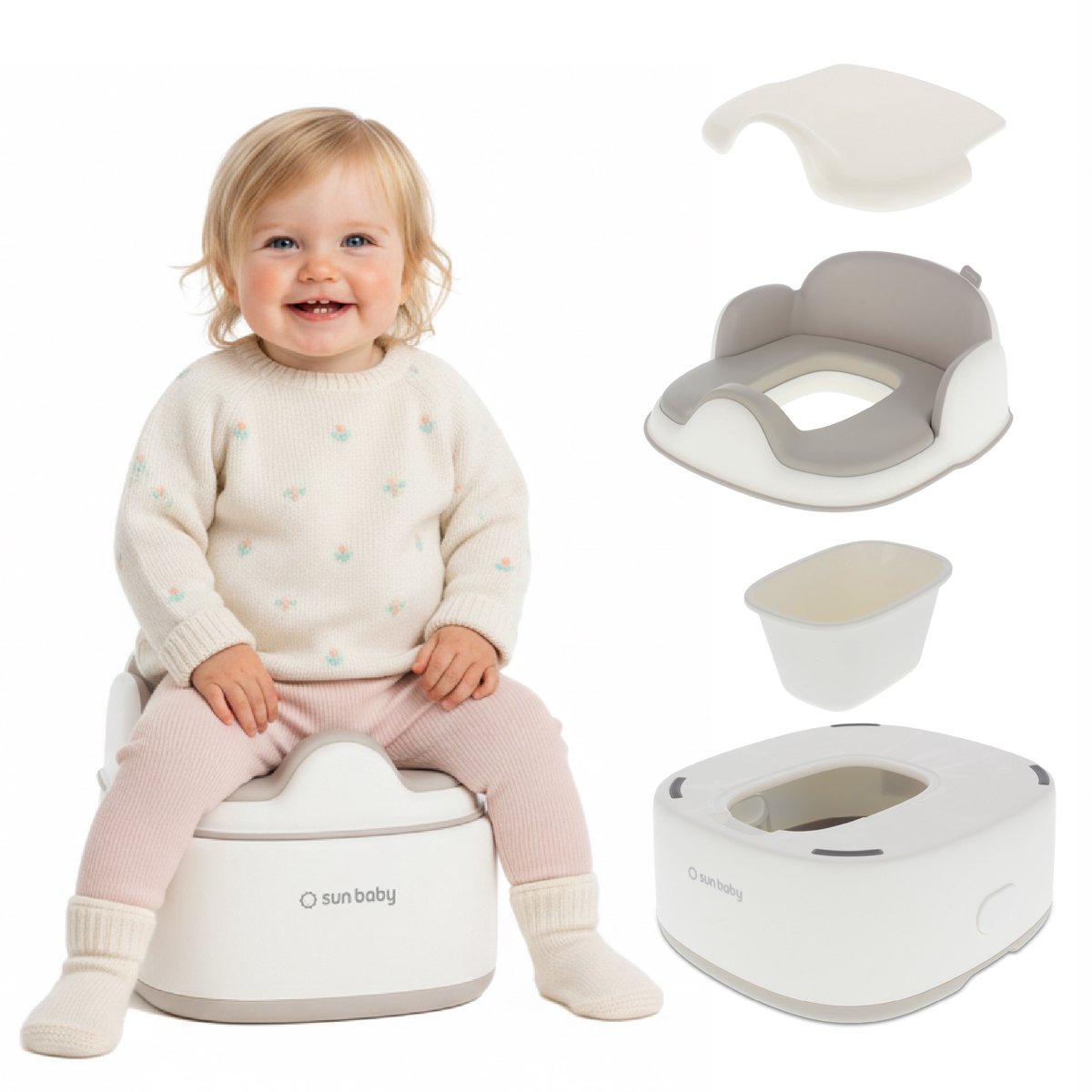 sun baby Potje - 1-6 jaar - toiletverhoger, voetsteun, antislipbasis, zachte zitting, hoge rugleuning, hygiënische deksel - Wit-Grijs