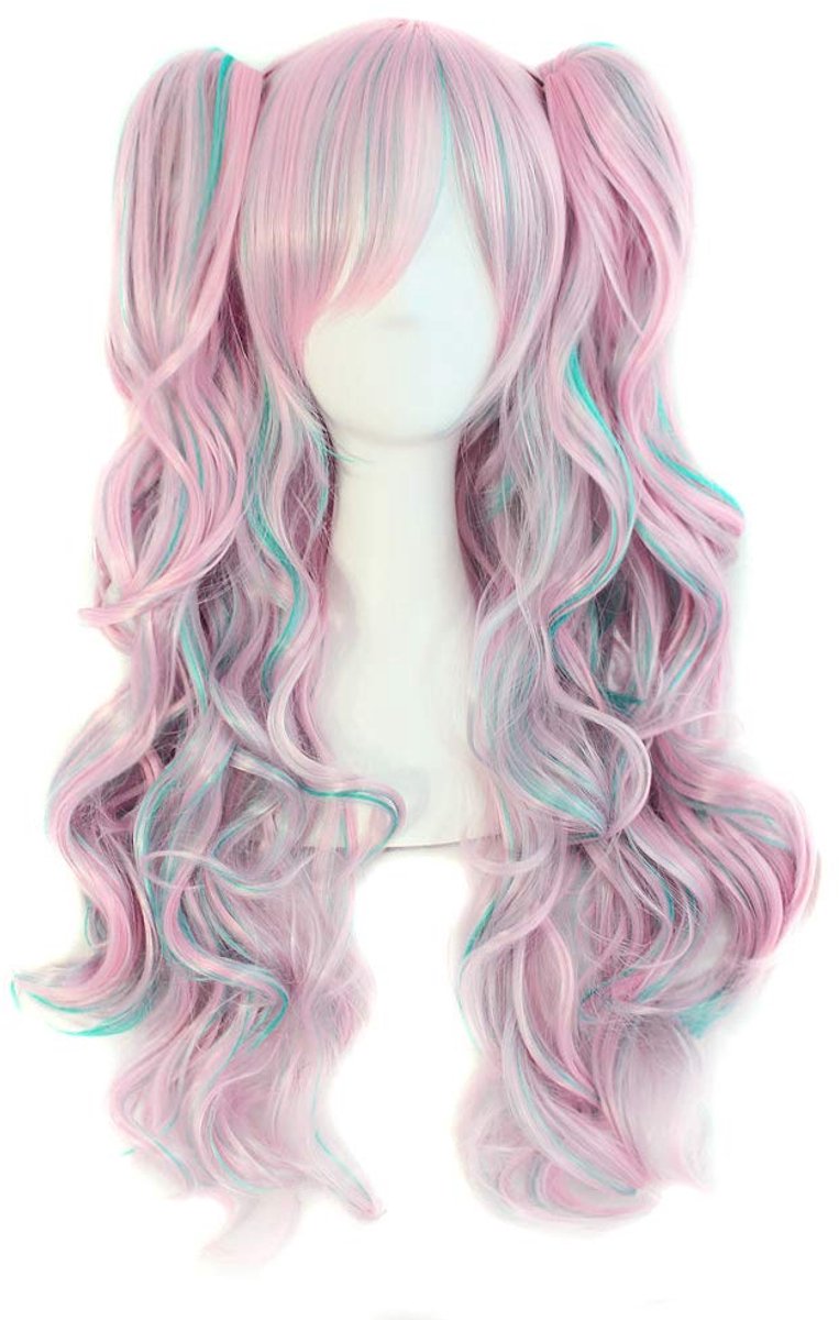 Daity Een veelkleurige Lolita-stijl pruik met lange krullen en clipsluiting voor cosplay (roze/blauw)