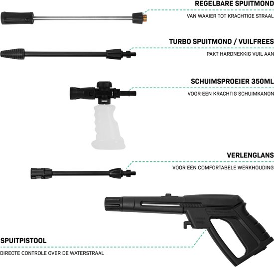 Accessoires voor hogedrukreiniger: spuitmond, turbospuitmond, schuimsproeier, verlenglans en spuitpistool.
