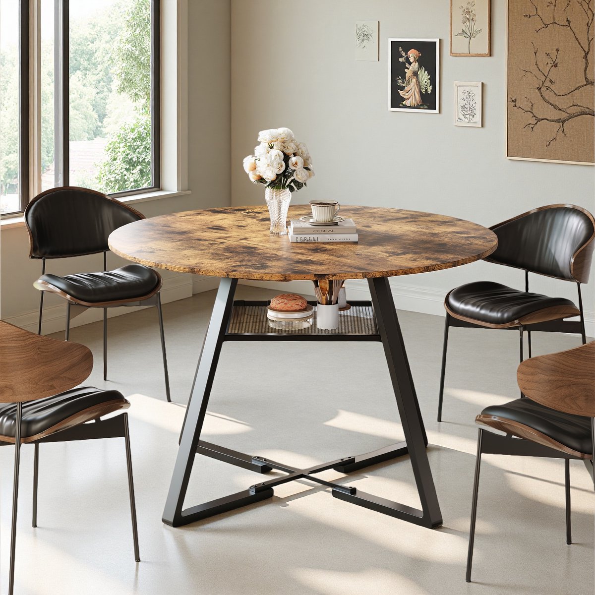 Ronde Eettafel met Opbergruimte, MDF Tafelblad & Metalen Frame, Artistiek Design voor 4–6 Personen, 75 cm Hoog