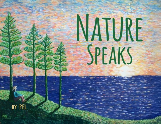Une peinture d'une personne assise sur la côte avec le texte 'NATURE SPEAKS' sur le coucher du soleil.