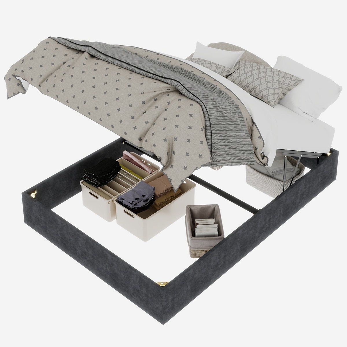 Merax Gestoffeerd Bedframe 140x200 Modern Design Fluwelen Stof Metalen Frame Opbergfunctie Grijs
