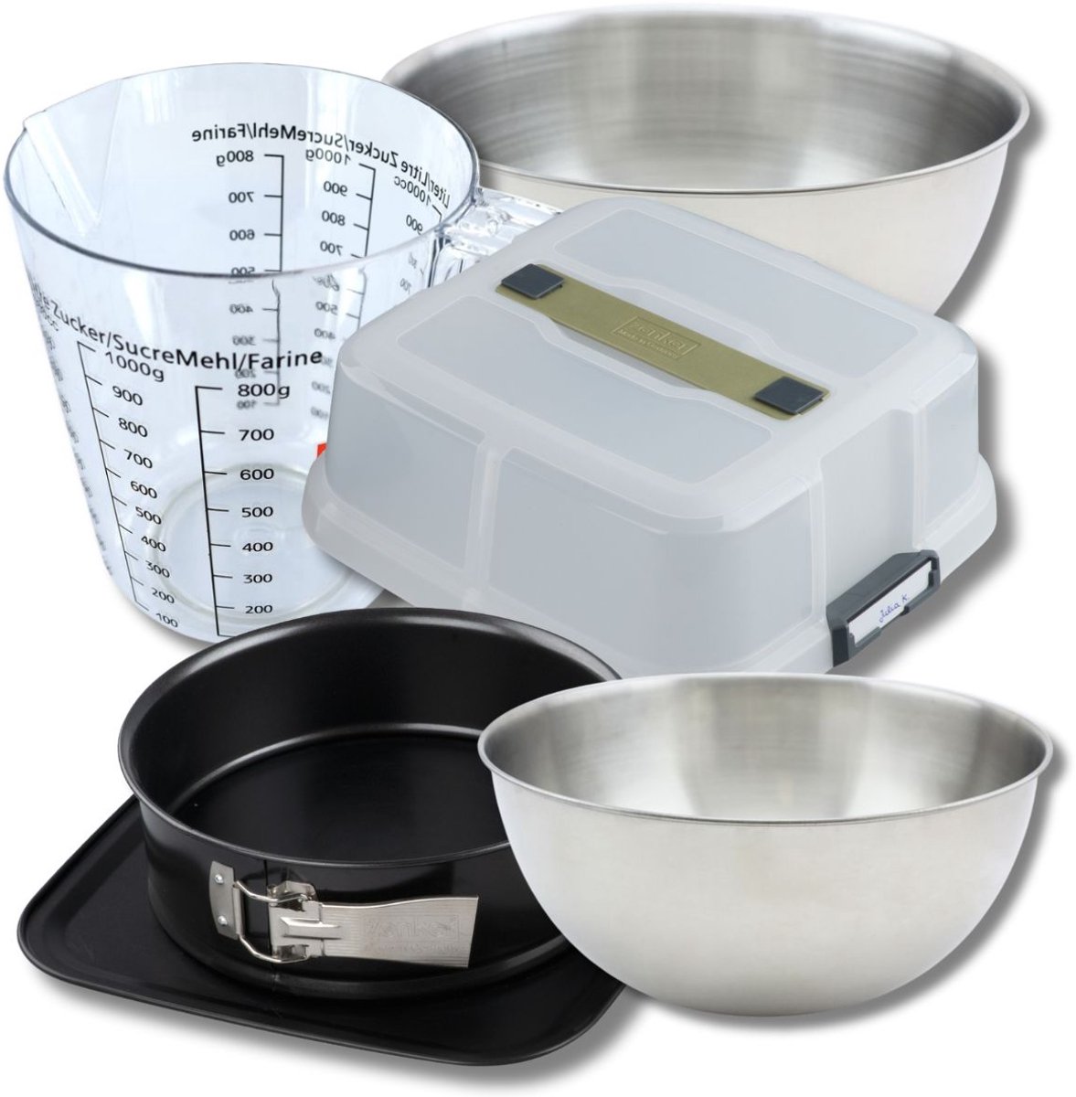 Bakset ronde springvorm 23 cm met deksel, 2 mengkommen, maatbeker en spatel Zenker