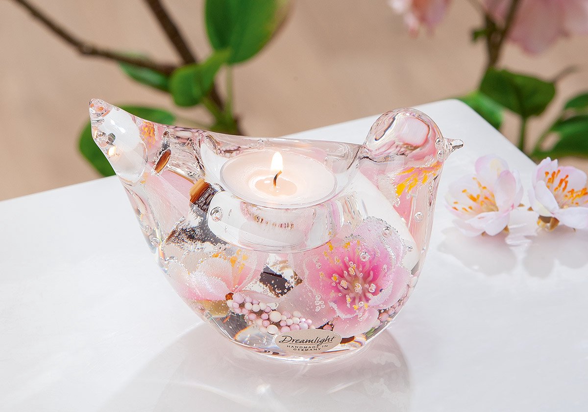 Waxinelichthouder Vogel pink – Glas met rose Bloemen – 5x13x7 cm | Luxe Decoratie