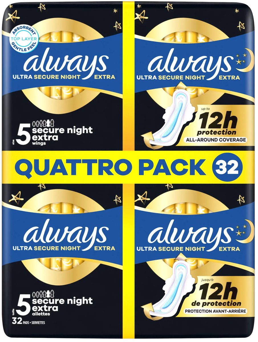 Always Ultra Secure Night Extra - Maat 5 - Maandverband Met Vleugels - Voordeelbox 32 stuks