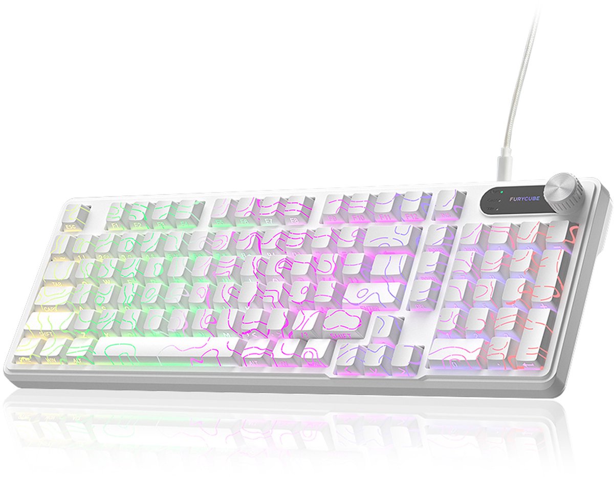 FURYCUBE IP98 - 95% Bedraad Gaming Toetsenbord - 98keys - RGBVerlicht toetsenbord -TFT Scherm - Multifunctionele Draaiknop -RGB - Side Printed PBT Keycaps - mechanisch gevoel - Stil toetsenbord - Comfortable to the touch -White Contour Line