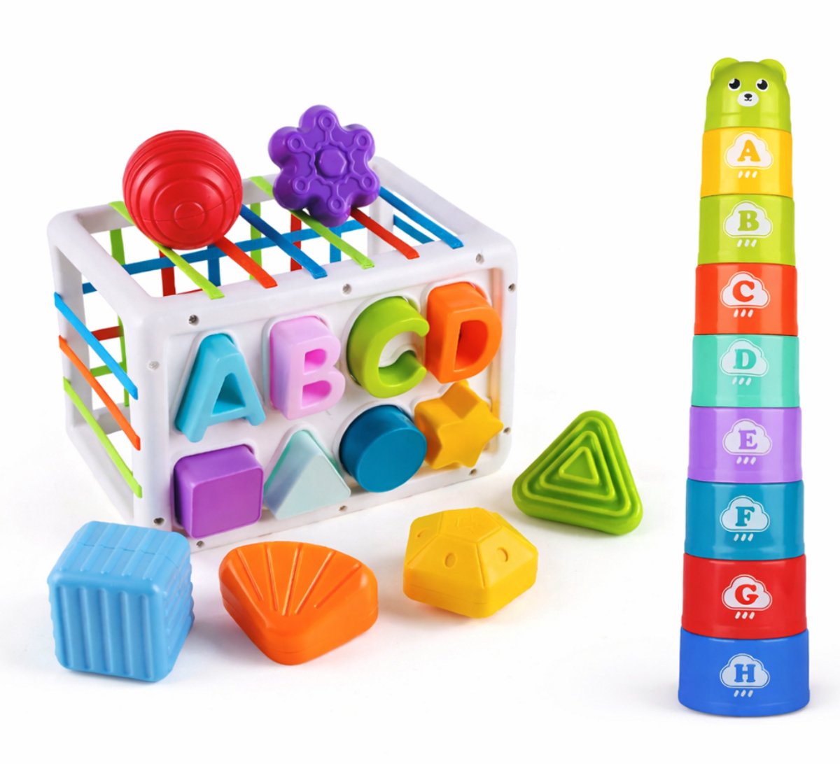Baby Speelgoed - Speelgoed 1 Jaar - Montessori Speelgoed - Kinderspeelgoed - 2 in 1 Stapeltoren & Vormenstoof