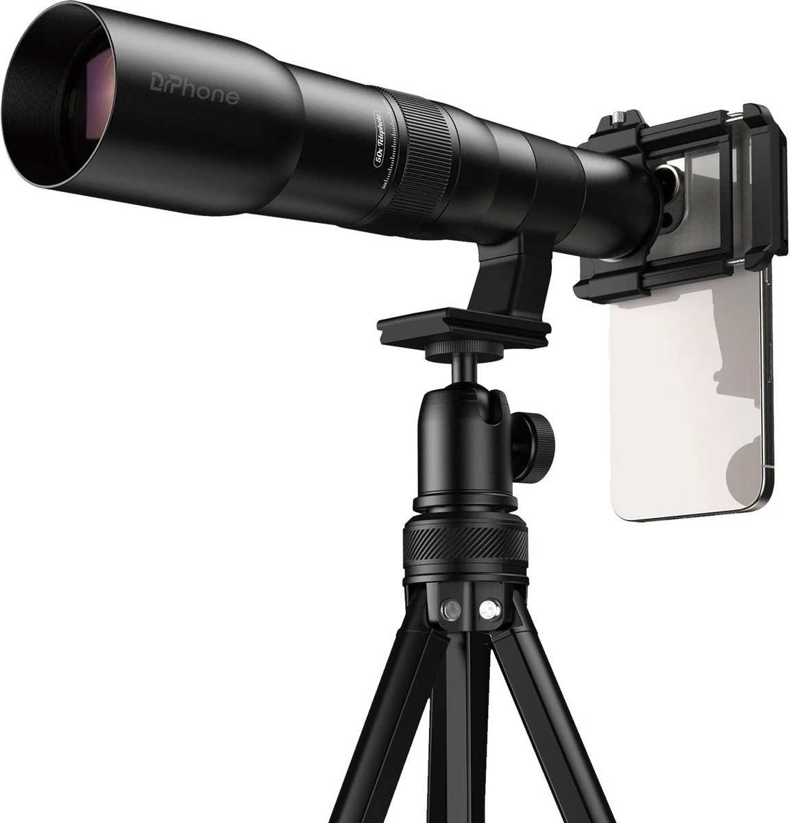 DrPhone APEX EagleView 50x Telelens voor Smartphone met Statief – 1200mm Super Zoom – Universele Telefoonlens – 62mm Filter Support – Monoculair Verrekijker – 360° Tripod – Wildlife, Maan, Sport & Natuurfotografie – Aluminium Behuizing