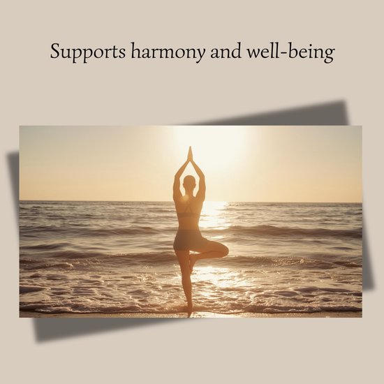 Vrouw in boomhouding op strand bij zonsondergang. Tekst 'Supports harmony and well-being'.