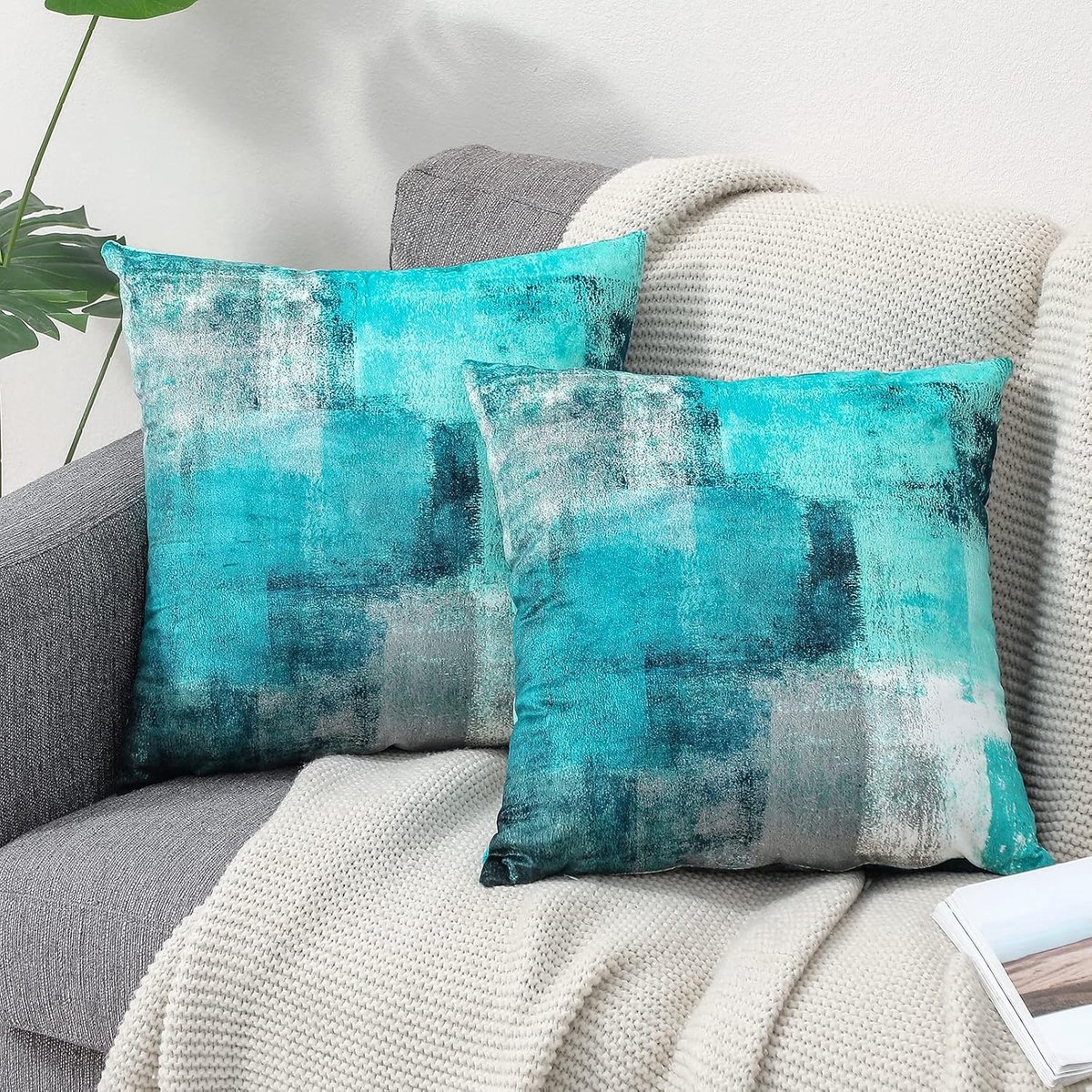 Famanu – Fluwelen kussenhoezen set van 2 (50x50 cm) – landhuisstijl – sierkussenhoezen – turquoise