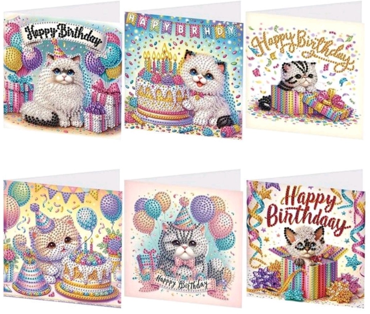 Diamond Painting Kaarten - Verjaardag - Dieren - Katten - Poezen - Feest - Taart - Bal