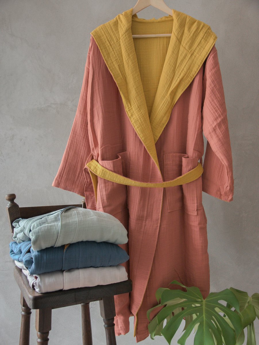 4 laagse Turkse Katoen Mousseline Badjas - Roze&Mosterd