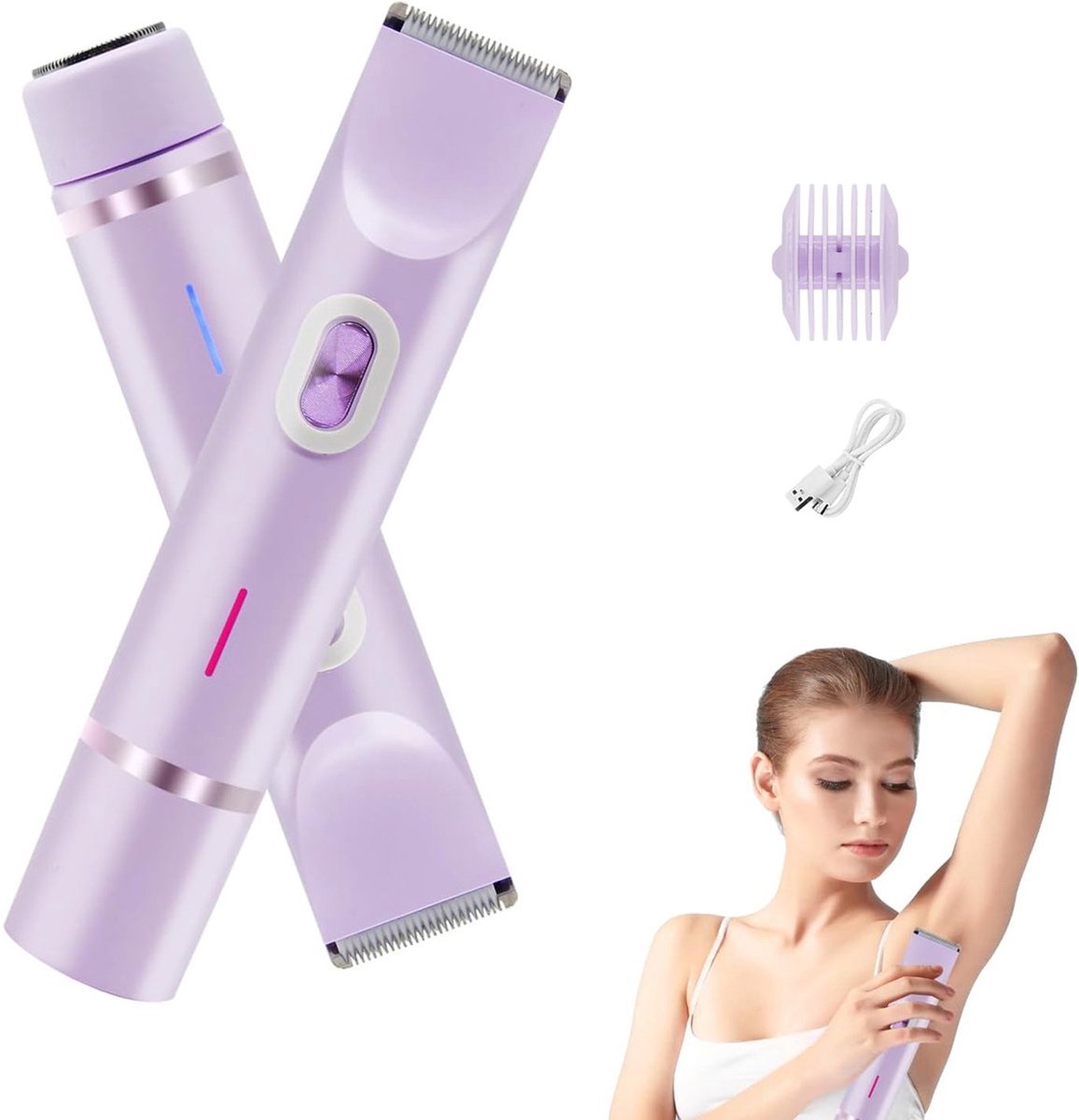1 stuk - Scheerapparaat vrouw - Bikinilijntrimmer met twee koppen - Ontharingsapparaat Electrisch Ontharen - Gezichtsontharing - Trimmer Vrouw - USB Oplaadbaar - Geschikt voor oksels, benen, bikinilijn - Paars