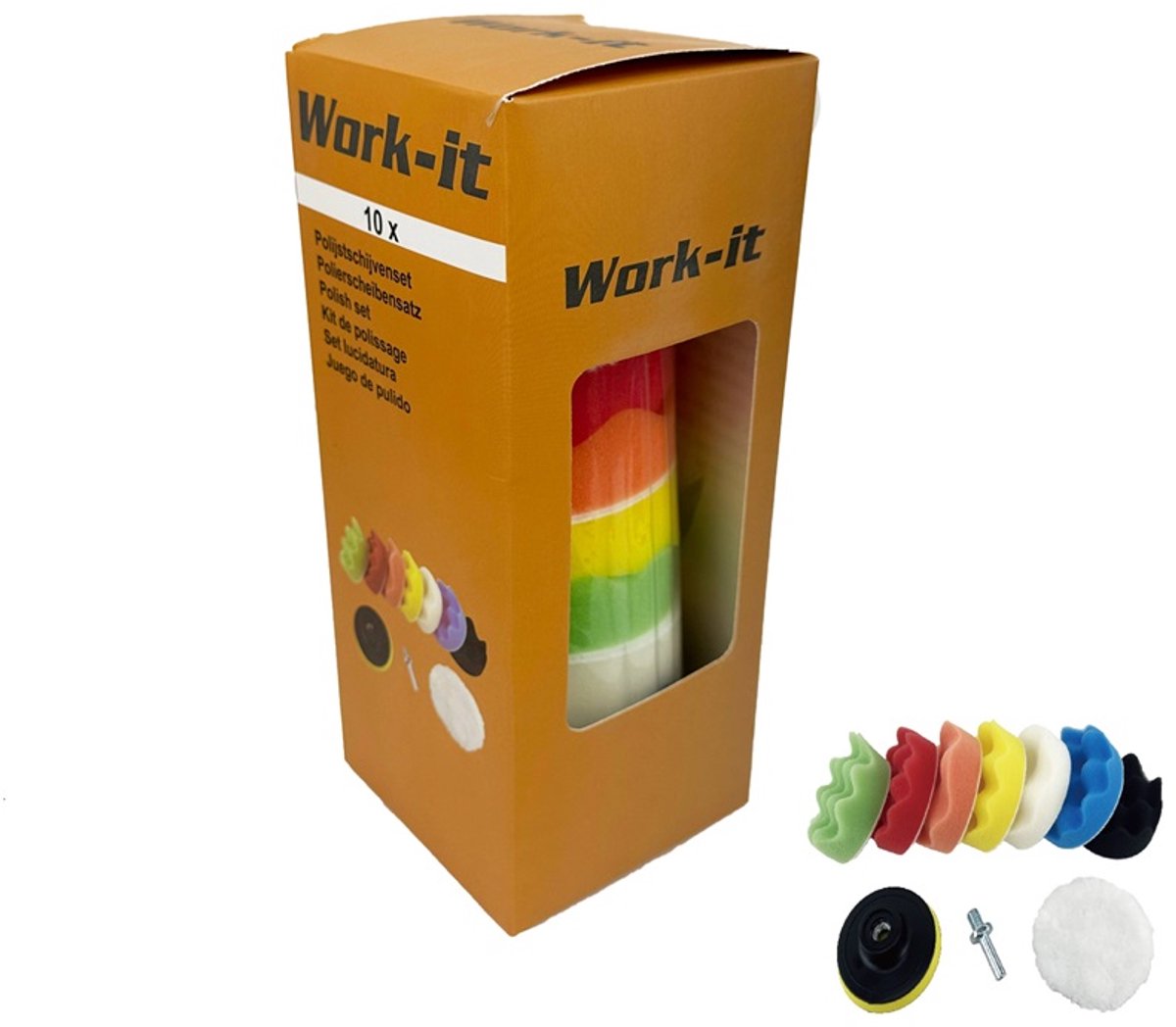 Work-It Polijstset met Ø 80mm Polijstpad - 10 delig Polijstschijf set met steunschijf M10 aansluiting + adapter voor polijstmachine en boormachine - auto koplampen en polijsten van lak.