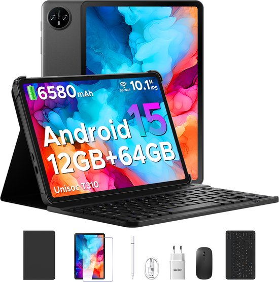 DOOGEE TAB A9 VIP - Tablet - 9 GB RAM + 64 GB ROM (2TB/TF) - 10,1" HD IPS - Android 15 - 6580 mAh - 5G WiFi - Face ID - met toetsenbord en stylus - dubbele luidspreker - Zwart